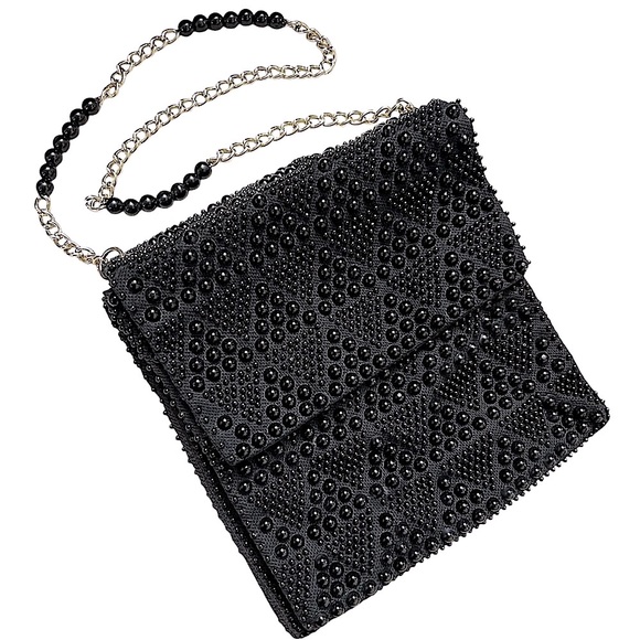 Vintage black evening bag beaded purse silver chain strap EUC - Picture 1 of 12